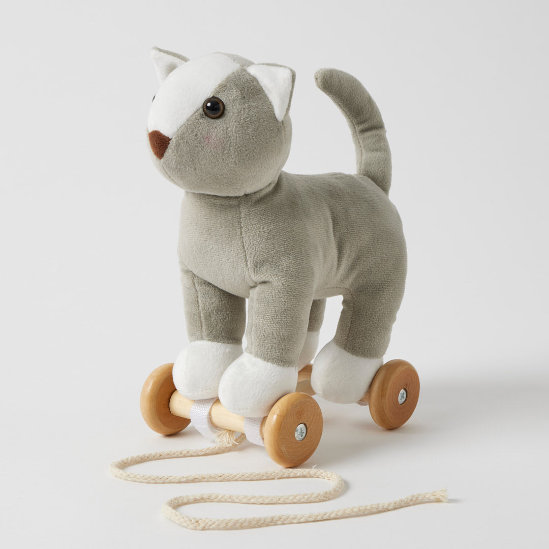 Cat Pull Along Toy — Soft Plush with Removable Wooden Wheels | 12 Months+
