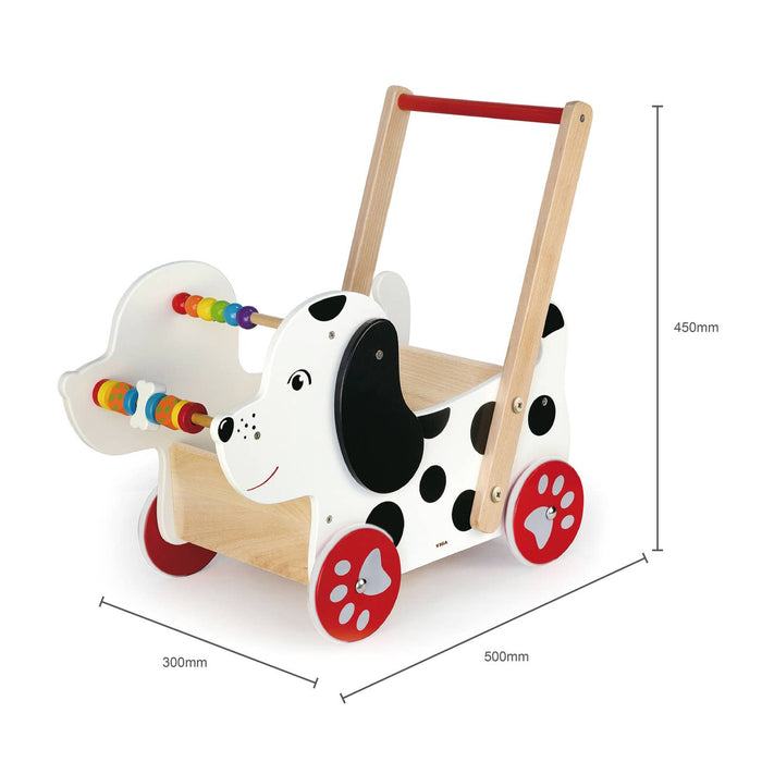 A wooden baby walker with a dog design